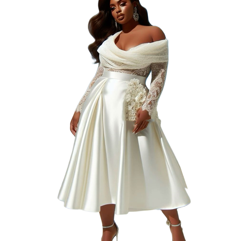 2024 Plus Size Tea Length A Line Wedding Dresses Off The Shoulder Long Sleeves Lace And Satin Ivory Bridal Gowns Hand Made Flowers Empire Waist Pastro