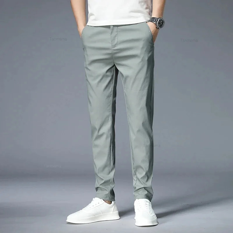Summer Ultra-thin Mens Casual trousers Slim Straight Elastic Ice Silk Sports Jogging Pants Fashion Korean Black Khaki Green 240513