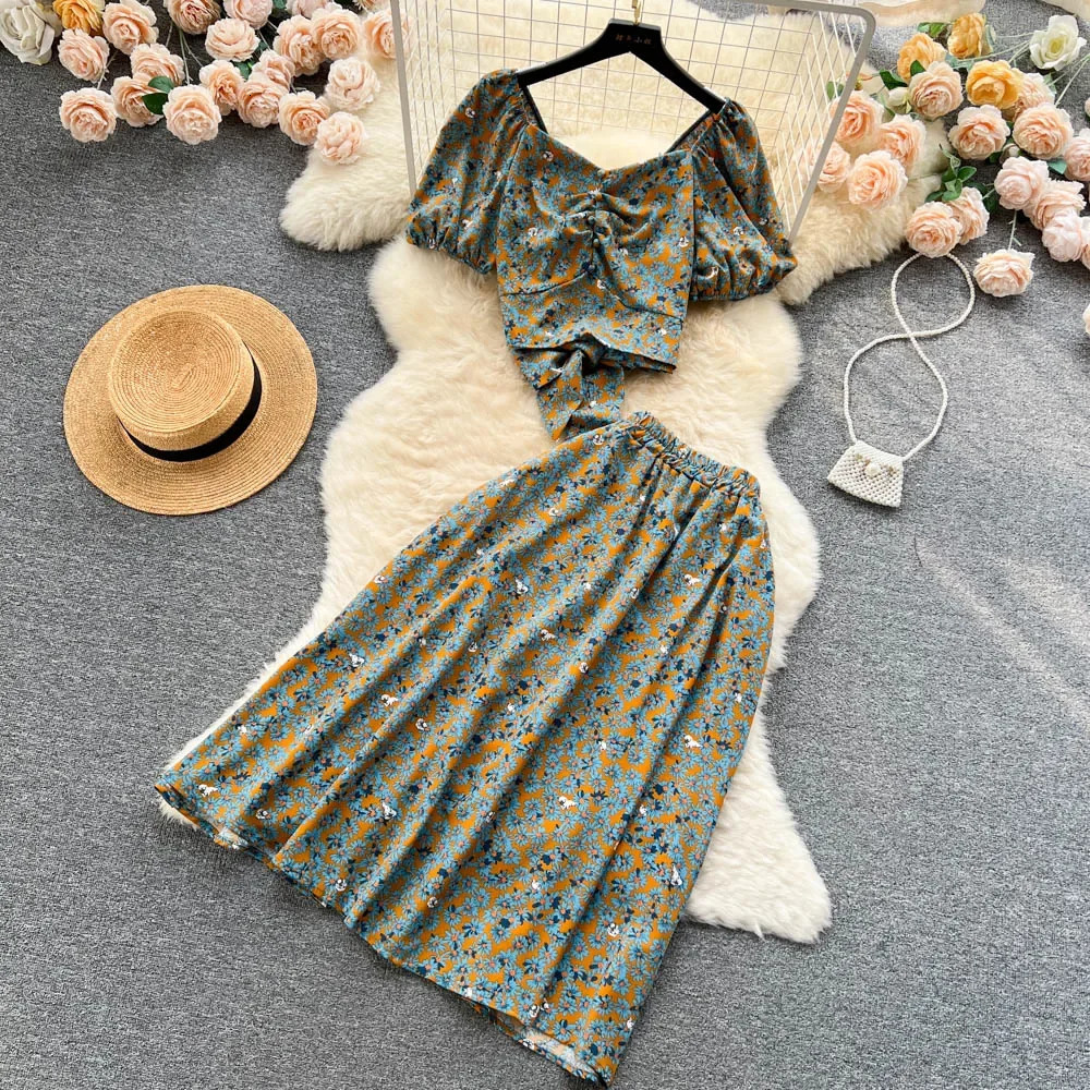 Fashion Floral Print Women Suits Short Puff Sleeve Lace Up Mini TopElastic Waist Loose A Line Skirt Summer Sweet Sets 240423