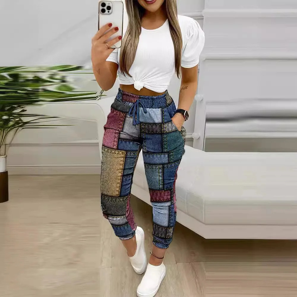 Casual Women Suit Summer Latest Baroque Leopard Round Neck Short Sleeved Drawstring Patchwork Color PantsTop TwoPiece Set 240423
