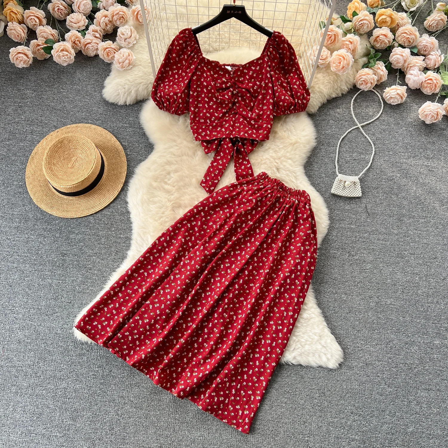 Fashion Floral Print Women Suits Short Puff Sleeve Lace Up Mini TopElastic Waist Loose A Line Skirt Summer Sweet Sets 240423