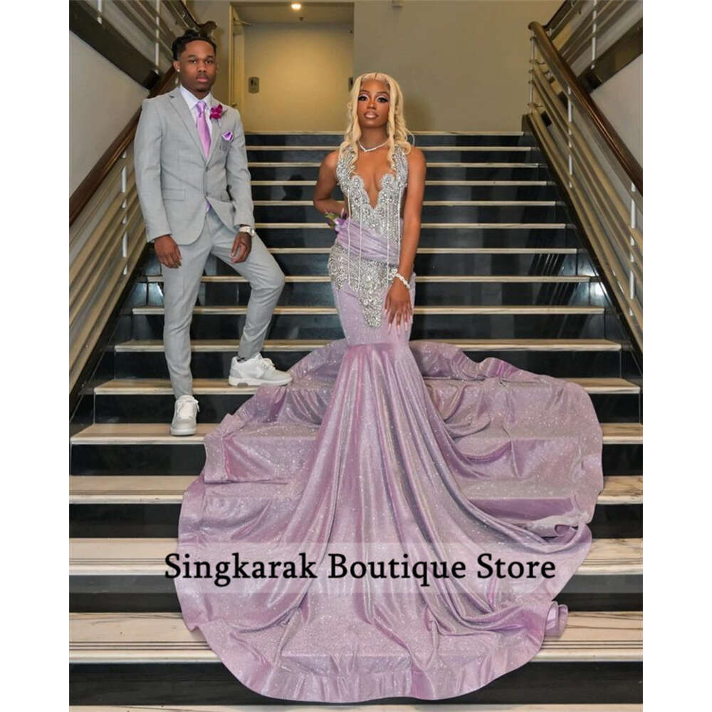 Sexy Light Purple Mermaid Prom Dress For Black Girl Glitter Crystals Beaded Rhies Robes De Soire Evening Party Gowns Lz0304