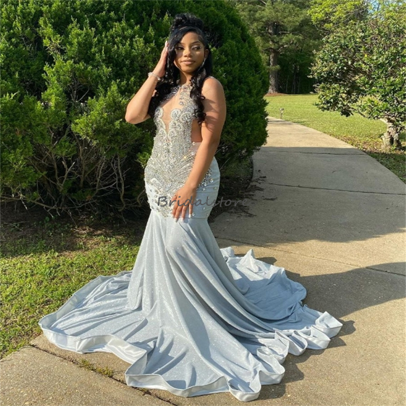 Elegant Aso Ebi Plus Size Silver Prom Dresses For Black Women Diamond Crystal Mermaid Evening Dress 2024 O Neck Glitter Sixteen Formal Dress African V