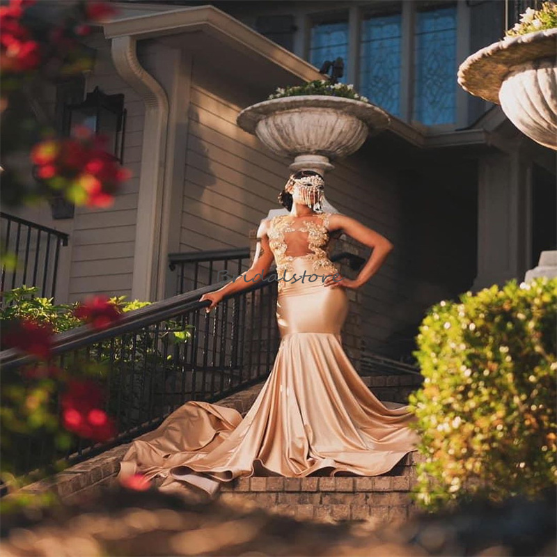 Gold Mermaid Prom Dresses 2024 Sheer Neck Beaded Crystal South African Evening Dress See Through Satin Aso Ebi Plus Size Formal Birthday Dress Vestios