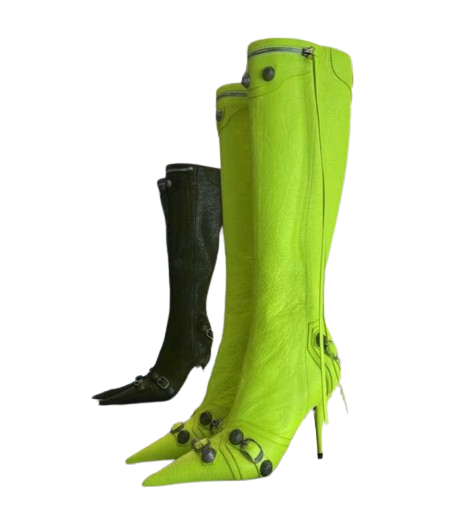 Cagole stud buckle embellished texturedleather heels knee boots side zip shoes pointed