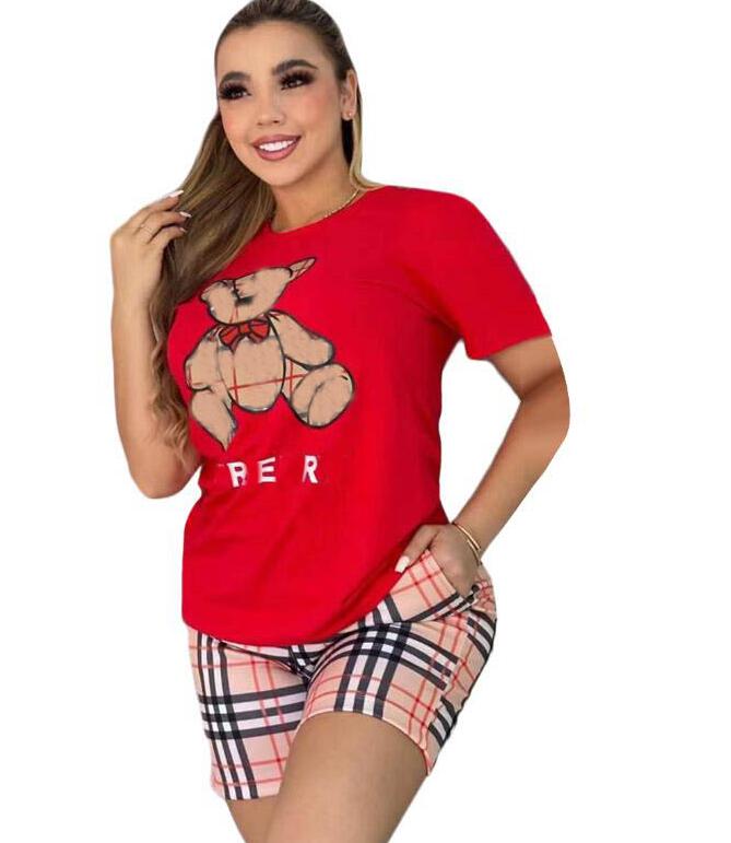Summer Women's bear Checker Tracksuits Ladies Short Sleeve Two Piece Set Women T-shirt shorts Sports Suit Tracksuit Streetwear Femme Clothing