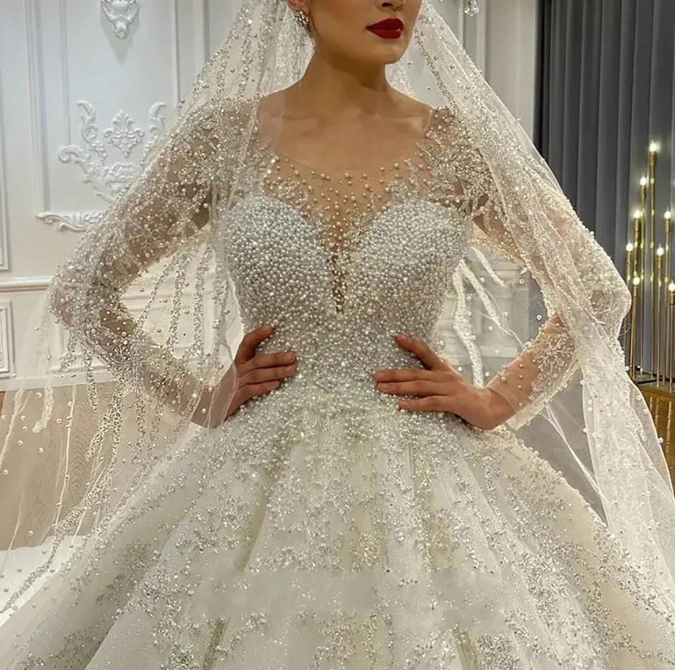 New Style Wedding Dress For Brides Scoop Long Sleeves Pearls Beading Embroidery Lace Bridal Gowns Arabic Dubai Vestidos De Novias Custom Made