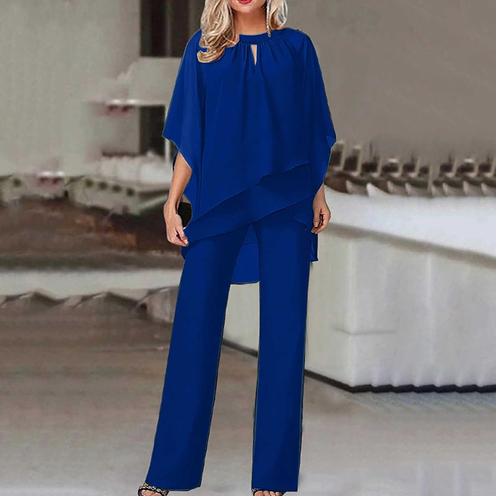 Women Asymmetrical Hem Top Pant Suit Fashionable Solid Color Pullover Trouser Jumpsuits Soft Loose Fit Ladies Casual Wear 240423