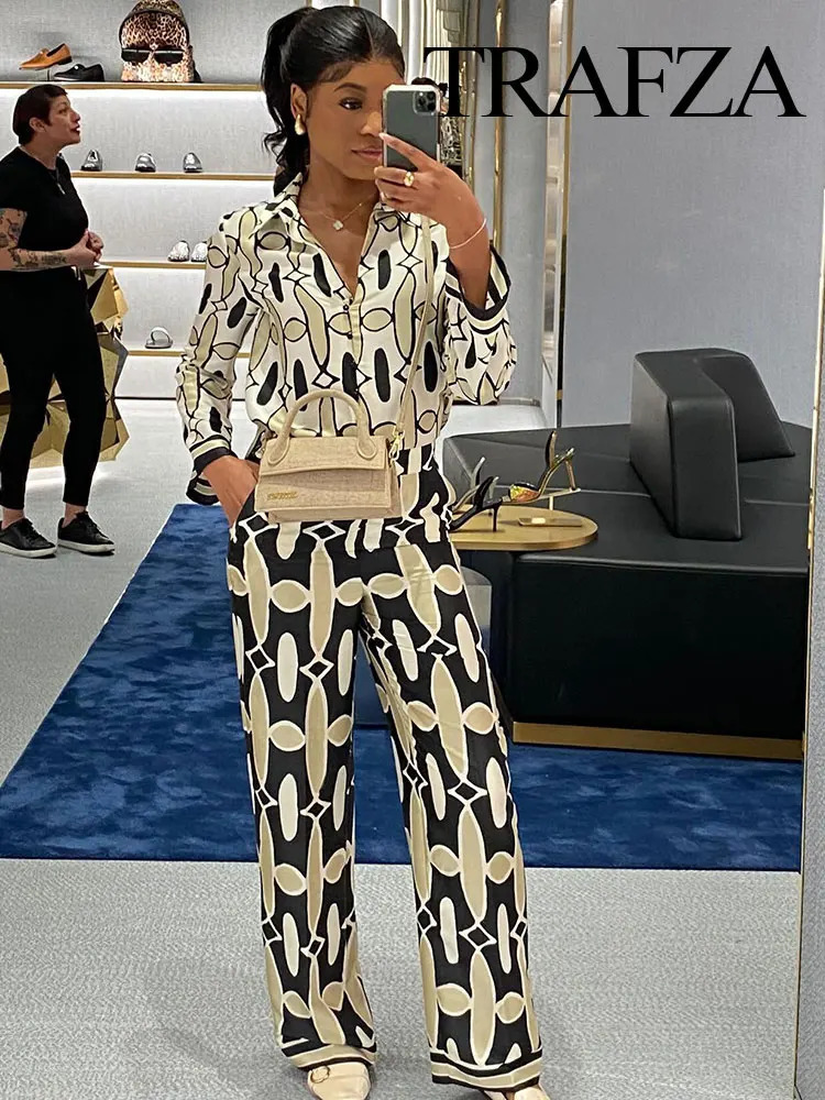 TRAFZA Spring Womens Geometric Print Lapel Long Sleeve Shirt 2piece Set Side Pockets Casual High Waist Wide Pants Suit 240423