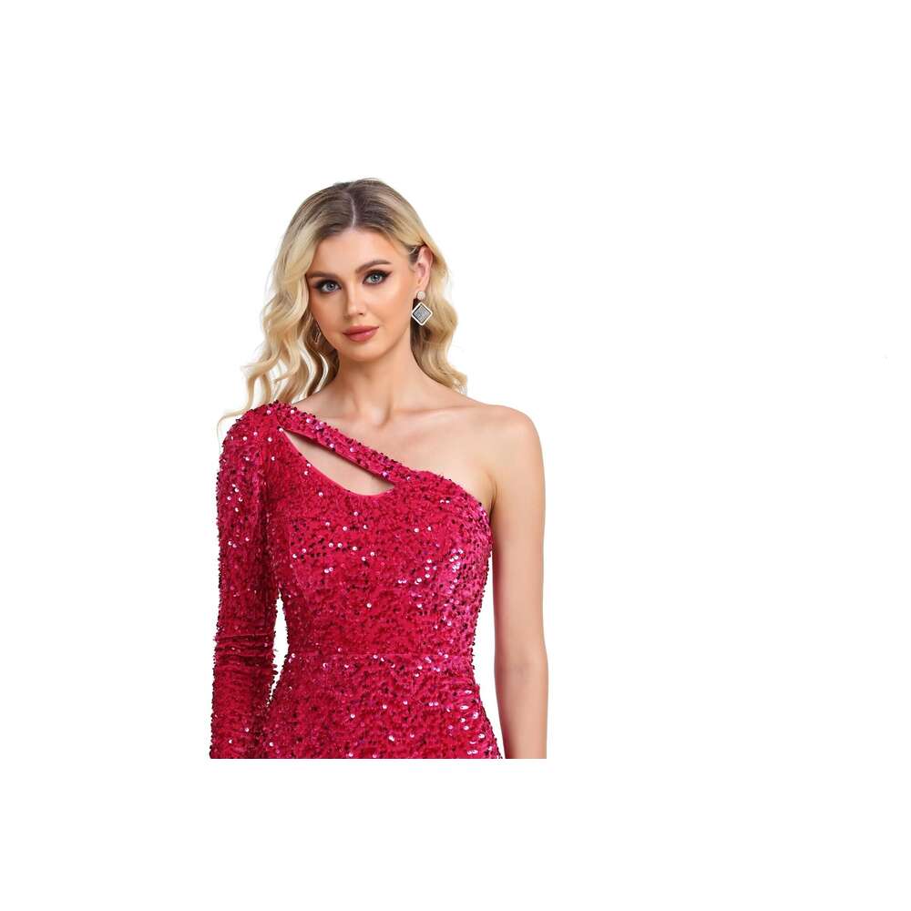 Long One Shoulder Sleeve Sequin Gowns Sparkly Mermaid Prom Dresses for Women Formal Evening Party