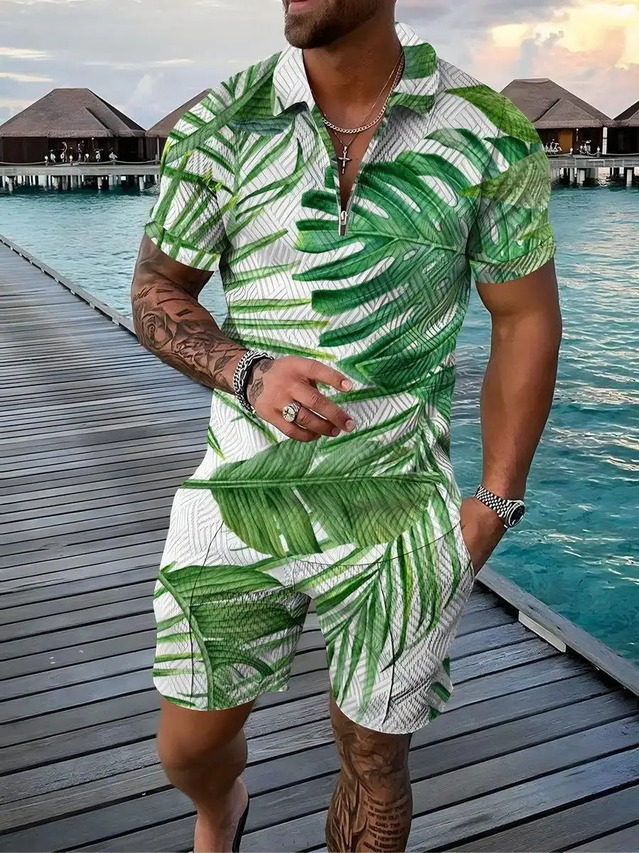 Hawaiian Polo Set Men Tracksuit Sets Summer 3D Beach Outfits Polo Shirt Shorts 2pcs Sets Zipper Coconut Tree Casual man Clothing 240513