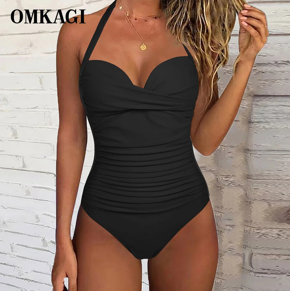One Piece Swimsuit Women Push Up Bathing Suit Vintage Retro Womens Ruched Tummy Control Halter Swimwear Female 240508