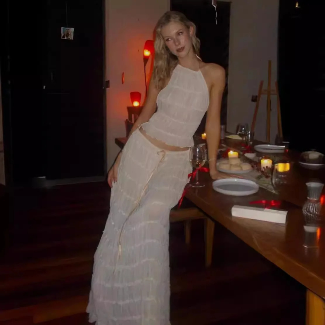 Sexy Halter Backless Crop Top Long Skirt Women 2 Piece Set Summer Fold Lace Up Beach Vacation Outfits 2024 Elegant White Suits 240429