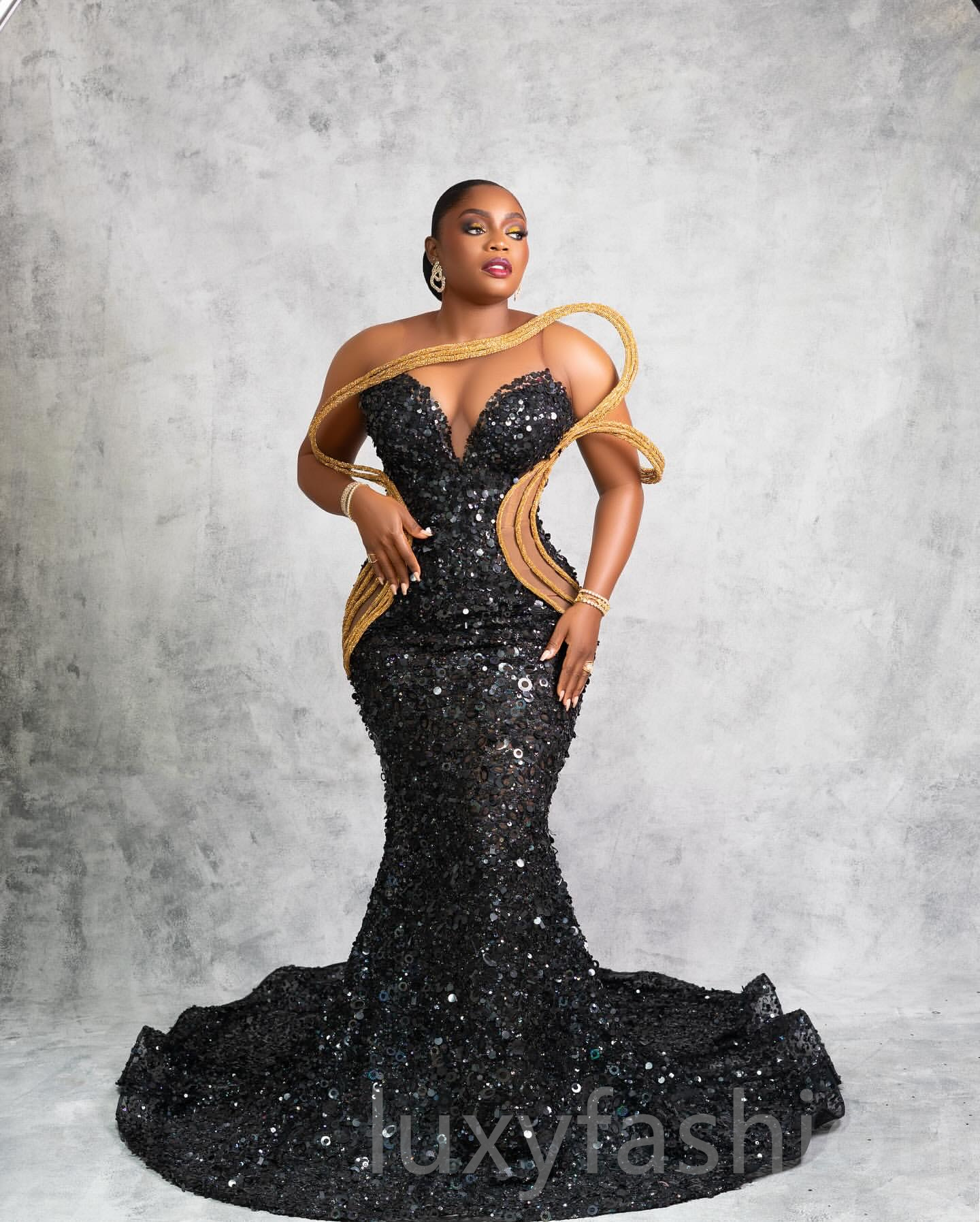 Aso Ebi 2024 Black Mermaid Prom Dresses One Shoulder Crystals Evening Party Formal Second Reception Birthday Enagement PromDress Gowns LF009