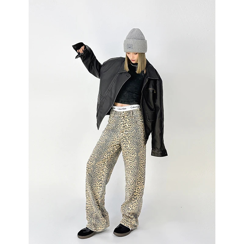 American retro High Street casual overalls leopard print loose and loose womens long leg pants Y2k hip-hop goods Grunge Baggy Trousers 240426