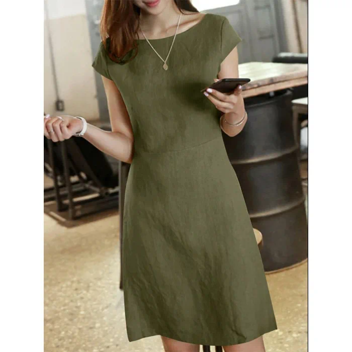 Casual Dresses Dress Women Round Neck Short Sleeve Solid Loose Regular High Waist A Line Office Ladies Vestidos Spring