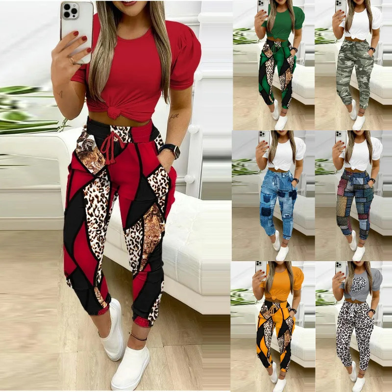 Casual Women Suit Summer Latest Baroque Leopard Round Neck Short Sleeved Drawstring Patchwork Color PantsTop TwoPiece Set 240423