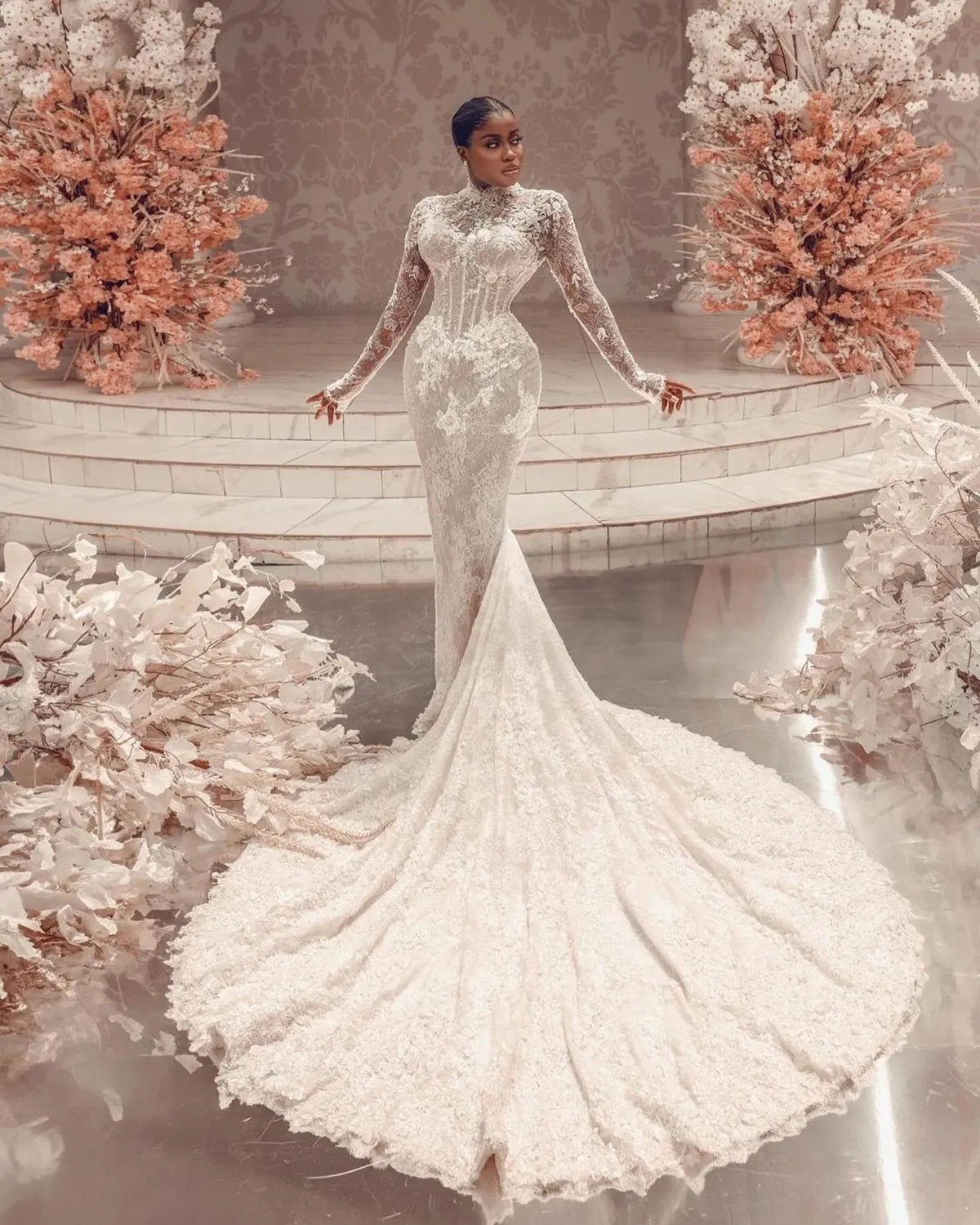 Muslim Lace Mermaid Wedding Dresses 2024 High Neck Long Sleeve Robe De Soiree Boho Bridal Gowns Custom Made Bride Dress