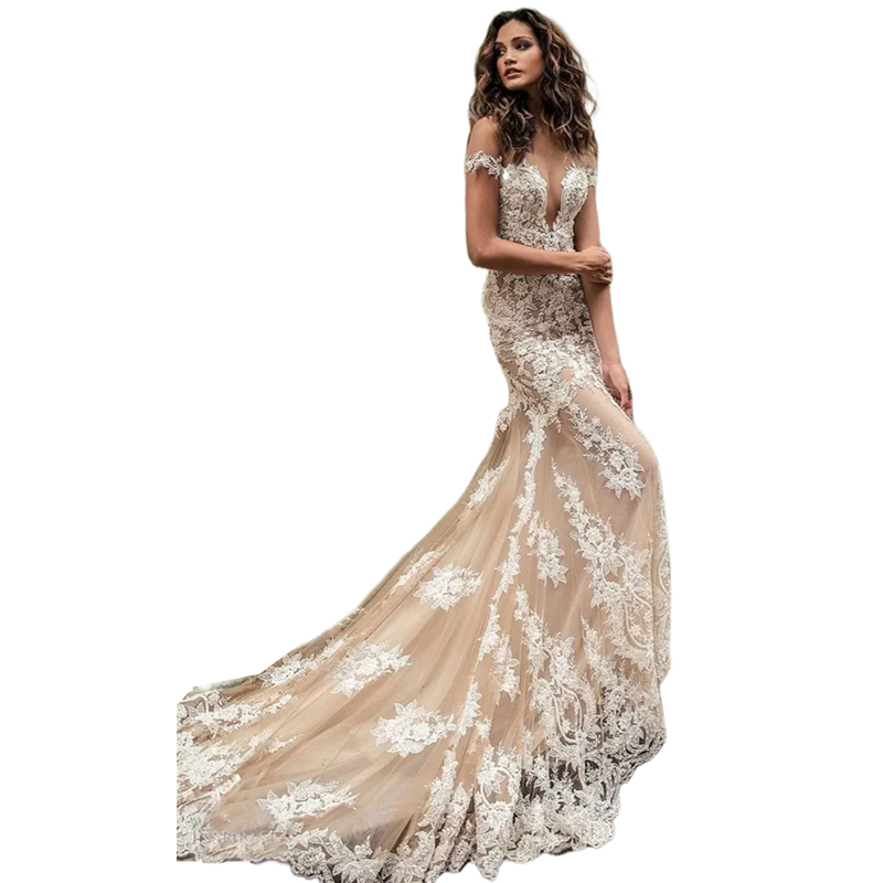 Boho Champagne Mermaid Wedding Dresses With Ivory Lace Appliques 2024 Deep Plunging Sheer Back Short Sleeves Sexy Beach Bridal Gowns Court Train