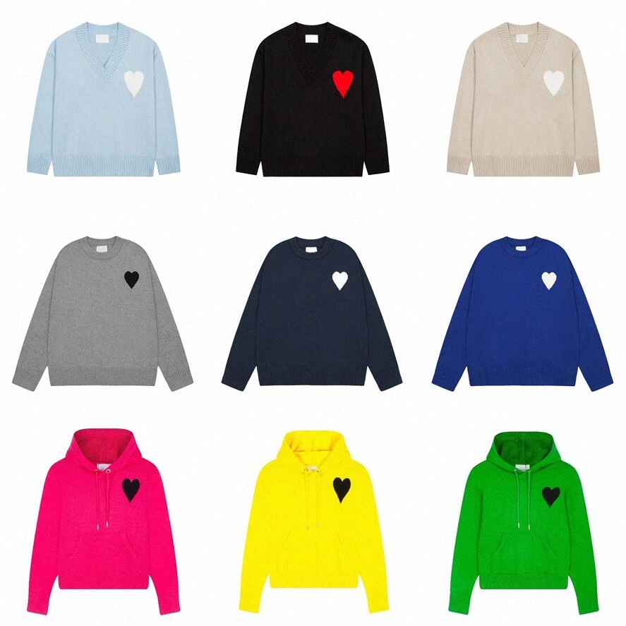 Mens Paris Designer Knitted Sweater Embroidered Red Heart Solid Color Big Love Round Neck