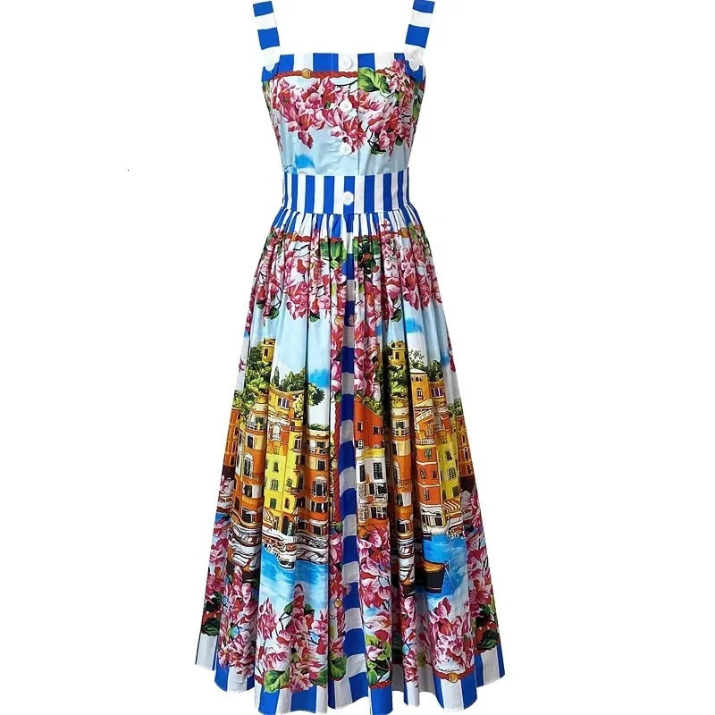 Summer Holiday Spaghetti Strap Dress Runway Women Single Breasted Buttons Up Flower Print Beach Vacation Midi Vestidos Camisole 240508