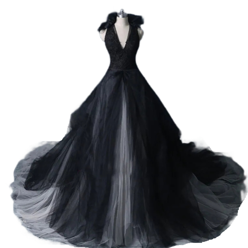 Vintage Black and White Ivory Wedding Dresses 2024 Sexy Open Back Chapel Train Gothic Bridal Gowns V Neck Sleeveless Lace Appliques Tulle Beach Vestid