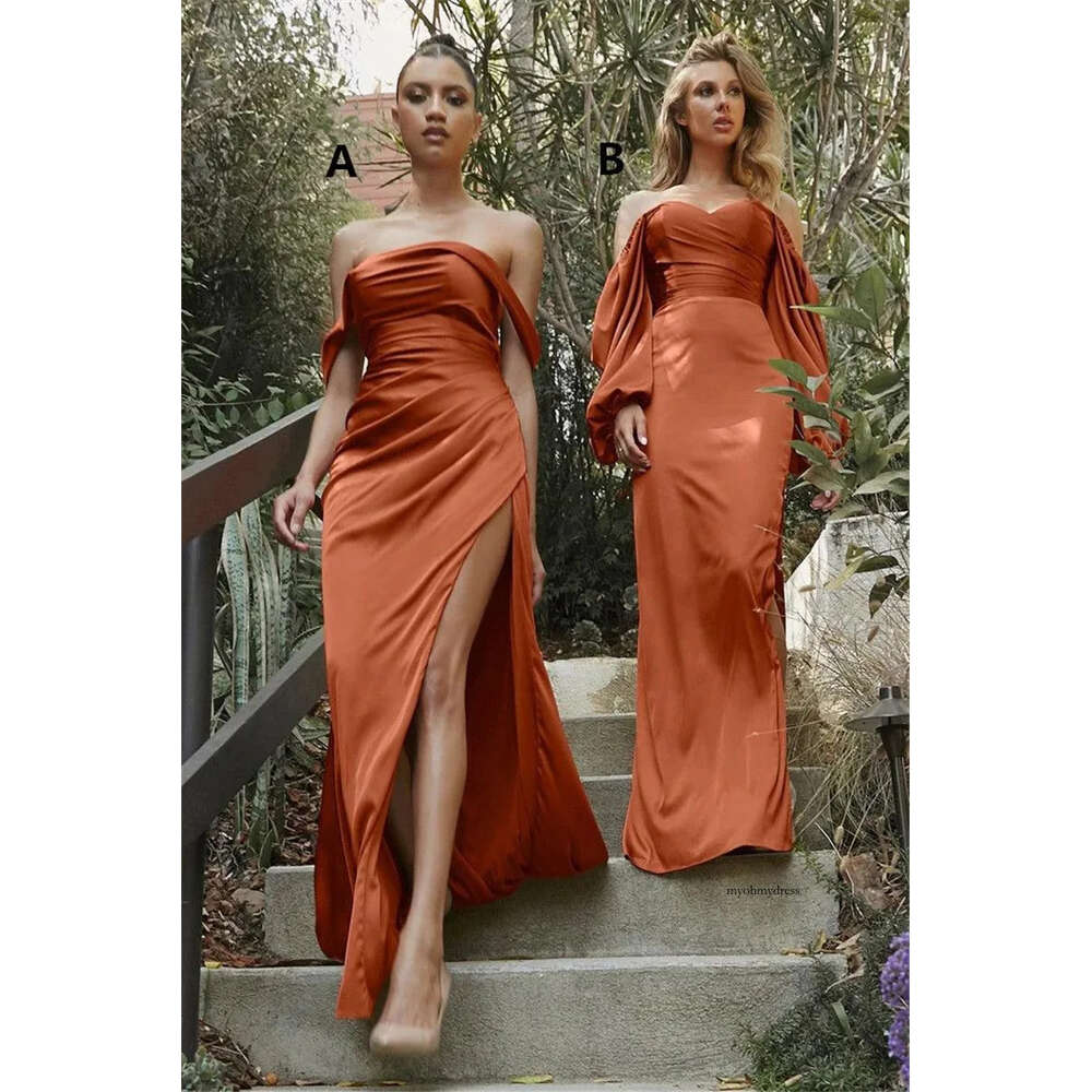 2024 Bridesmaid Dresses Dark Orange For Weddings Off Shoulder Side Split Satin Plus Size Long Formal Maid of Honor Gowns Wedding Guest Wear Floor Leng