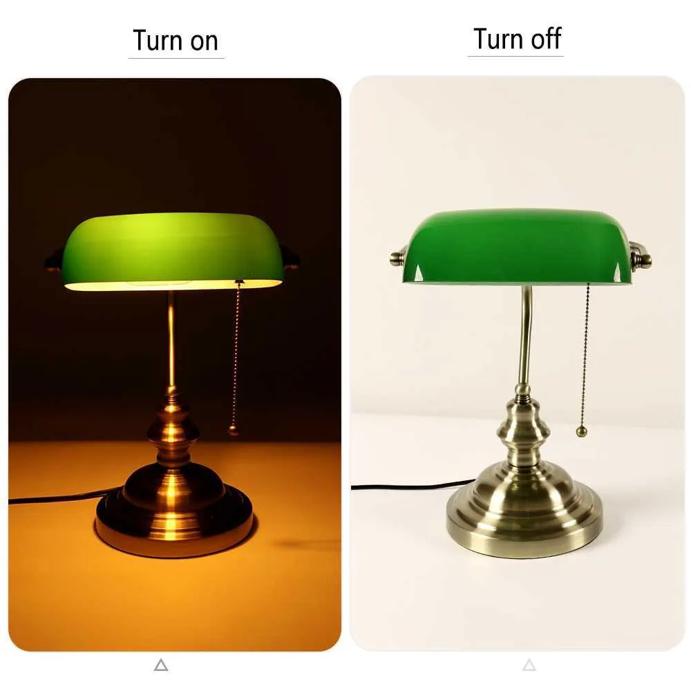 Table Lamps Classical Vintage Simple Banker E27 Table Lamp with Switch Green Glass Lampshade Retro Desk Light for Bedroom Night Lamp LL