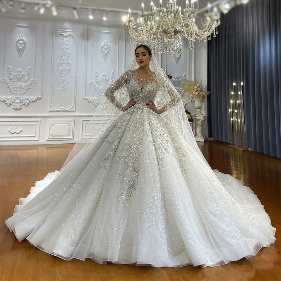 New Style Wedding Dress For Brides Scoop Long Sleeves Pearls Beading Embroidery Lace Bridal Gowns Arabic Dubai Vestidos De Novias Custom Made