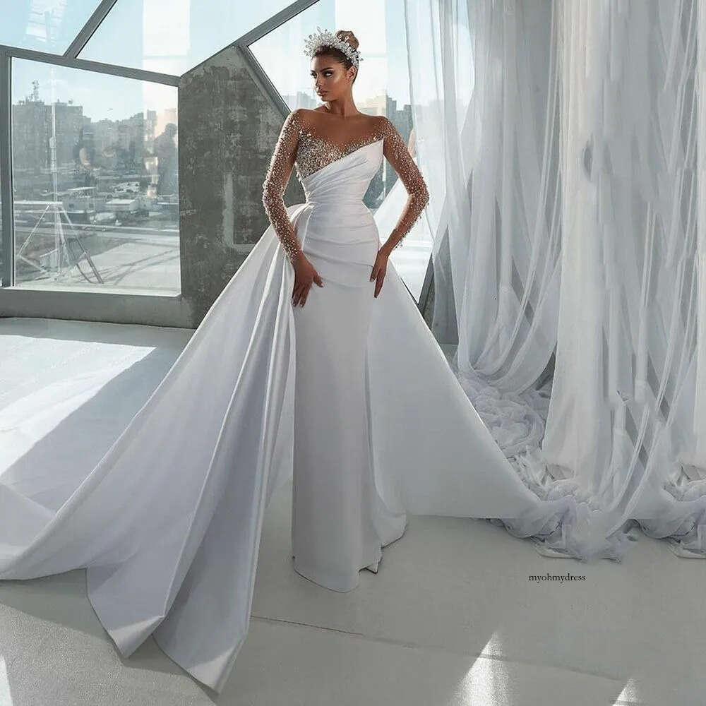 2024 A Line Wedding Dresses Jewel Neck Satin Crystal Beads Illusion Long Sleeves Overskirts Bridal Gowns wedding dress Detachable Train 0513