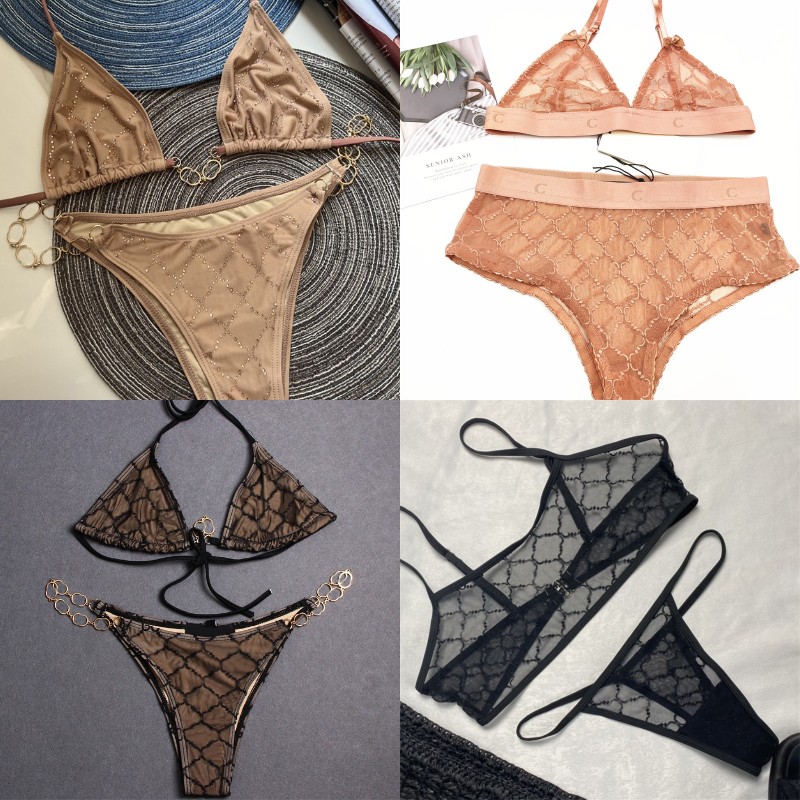 Sexy Perspective Swimwear Women Designer Bikini Tankinis Bathing Suits Lace Low-back Swimsuit Beach Chains Underwear Thong Swimming Sets Bikinis