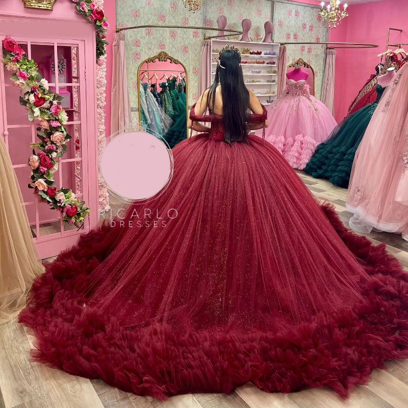 Luxury Red Shiny Ball Gown Quinceanera Dresses Charming Beaded Crystal Tull Tiered Off Shoulder Sweet 15 Dress Lace-up Vestidos De