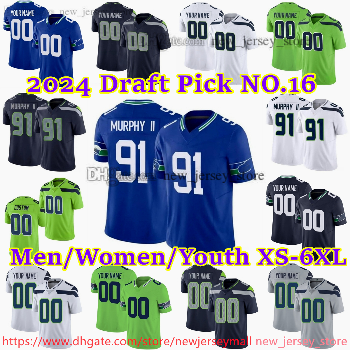 91 Byron Murphy II Jersey Custom S-6XL Football Jerseys Geno Smith DK Metcalf Tyler Lockett Bobby Wagner Charles Cross Kenneth Walker III Devon Witherspoon th Fan