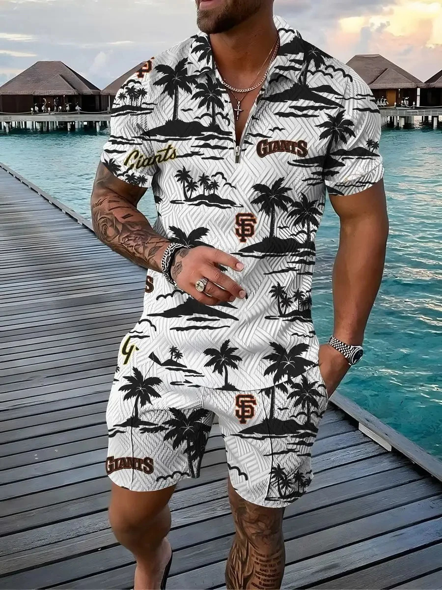Hawaiian Polo Set Men Tracksuit Sets Summer 3D Beach Outfits Polo Shirt Shorts 2pcs Sets Zipper Coconut Tree Casual man Clothing 240513