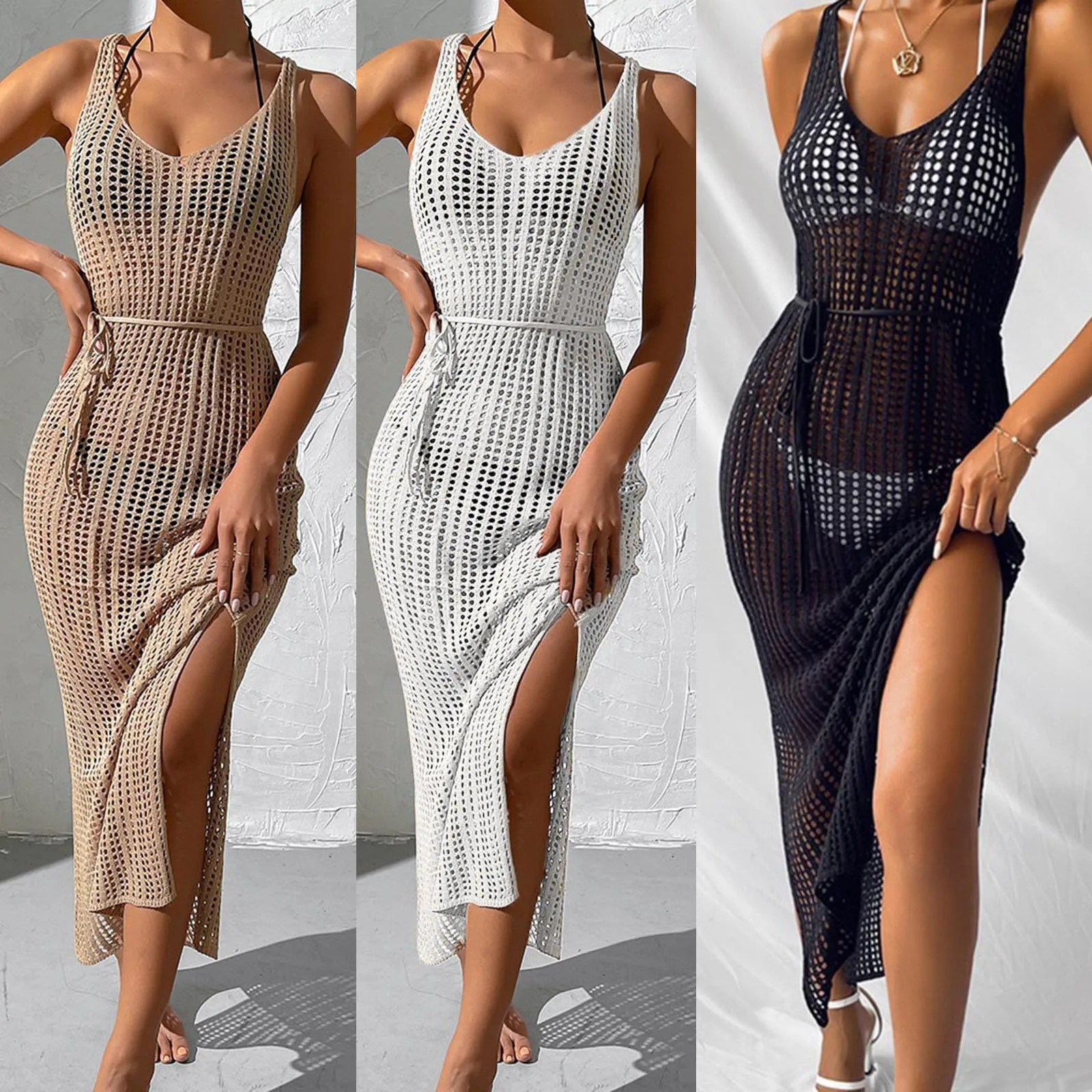 Bikini Cover Ups Women Solid Color Hollow Sleeveless Backless Belted Holiday Beach Dress with Side Slits Swimwear Blouse 240508