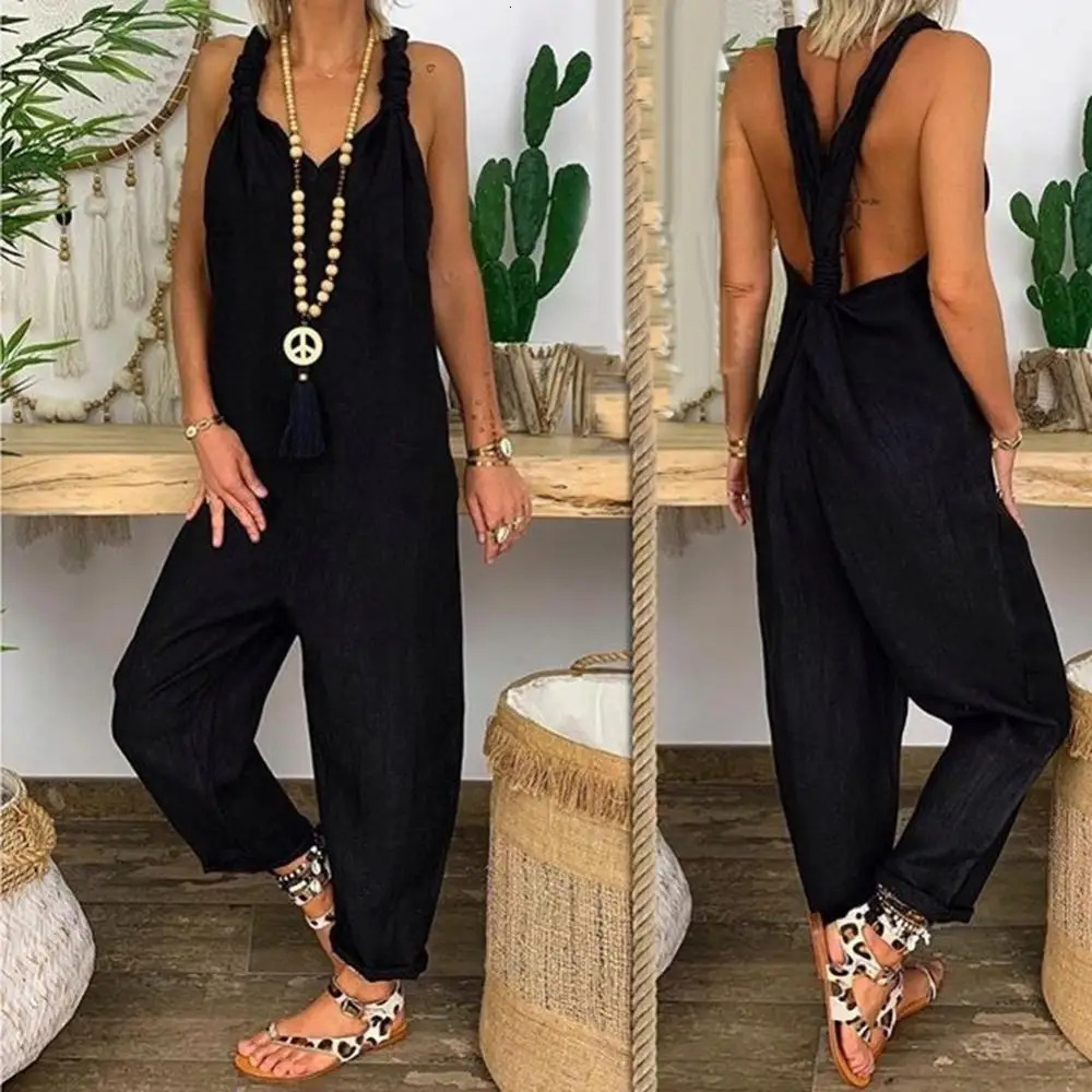 Women Backless Dungarees Solid Color Sleeveless Jumpsuit Overall Bib Knotted 240509