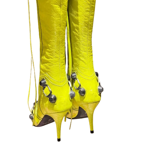 Cagole stud buckle embellished texturedleather heels knee boots side zip shoes pointed