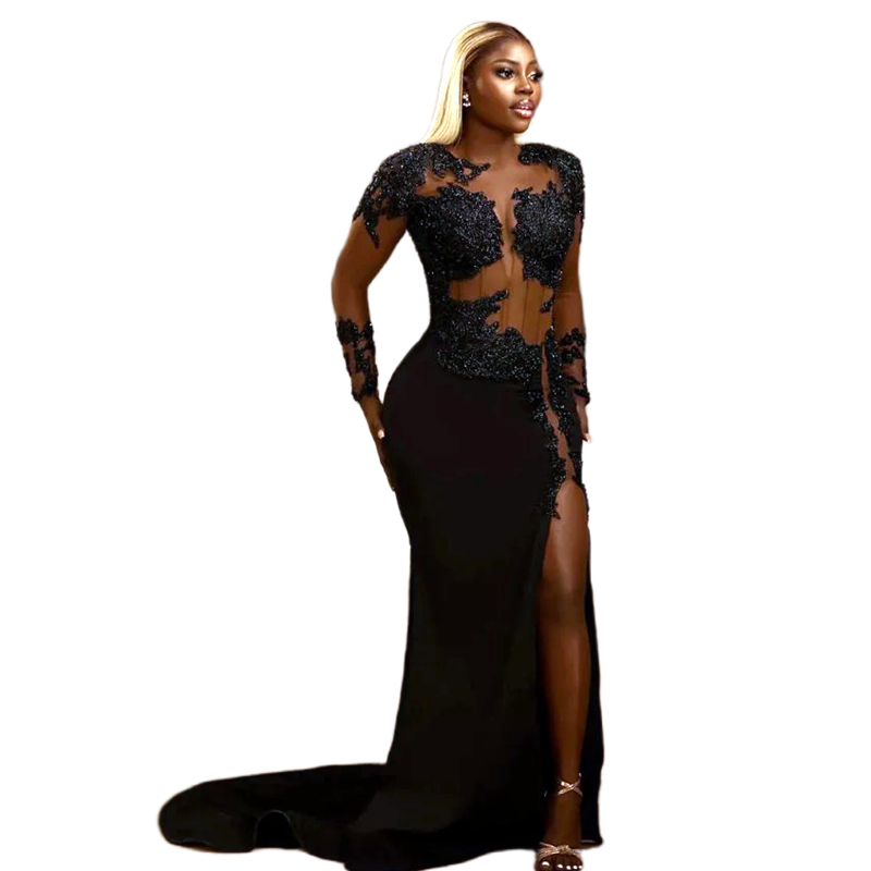 2024 Black Girls Mermaid Prom Dresses Lace Appliques Beaded Long Sleeves Sexy Evening Gowns Side Slit Illusion Charming Special occasion Dress Pageant