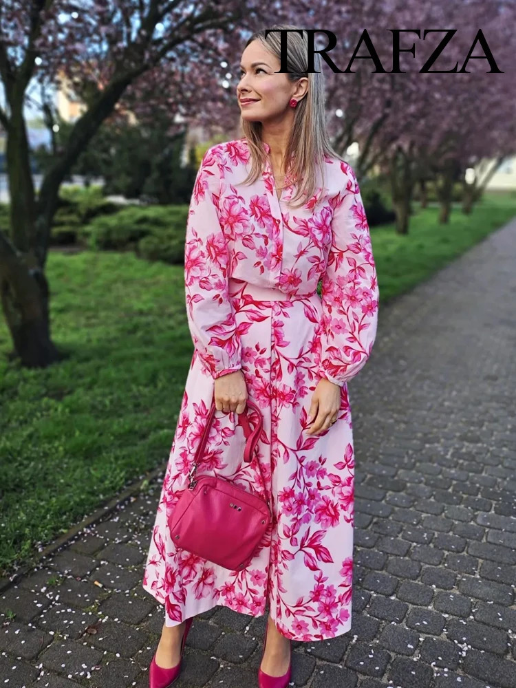 TRAFZA Women 2 Piece Set Floral Print Long Sleeves SingleBreasted Casual Shirts TopsVintage High Waist Zipper Slim Skirt 240423