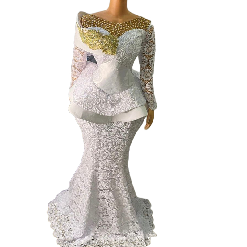 Aso Ebi Lace Mermaid Evening Dresses Long Sleeves White Formal Party Gowns Pearls Beaded African Nigerian Prom Special Occasion Dress