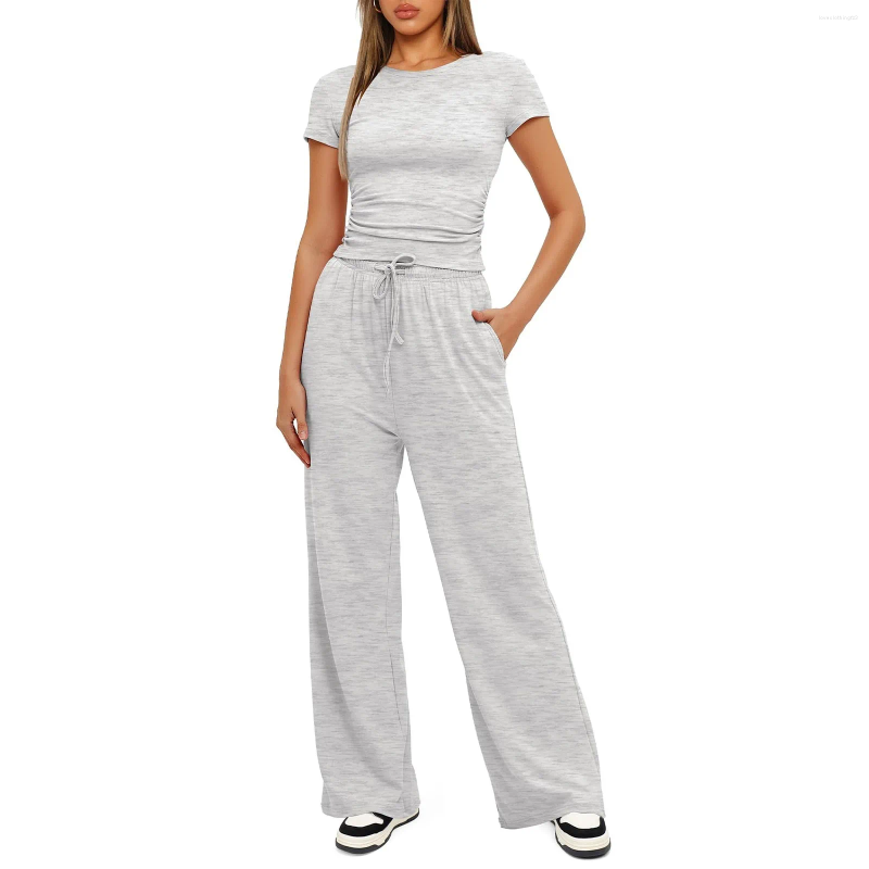Two Piece Sets Women 2 Outfits , Short Sleeve Ruched Top And Wide Leg Pants Tracksuit
