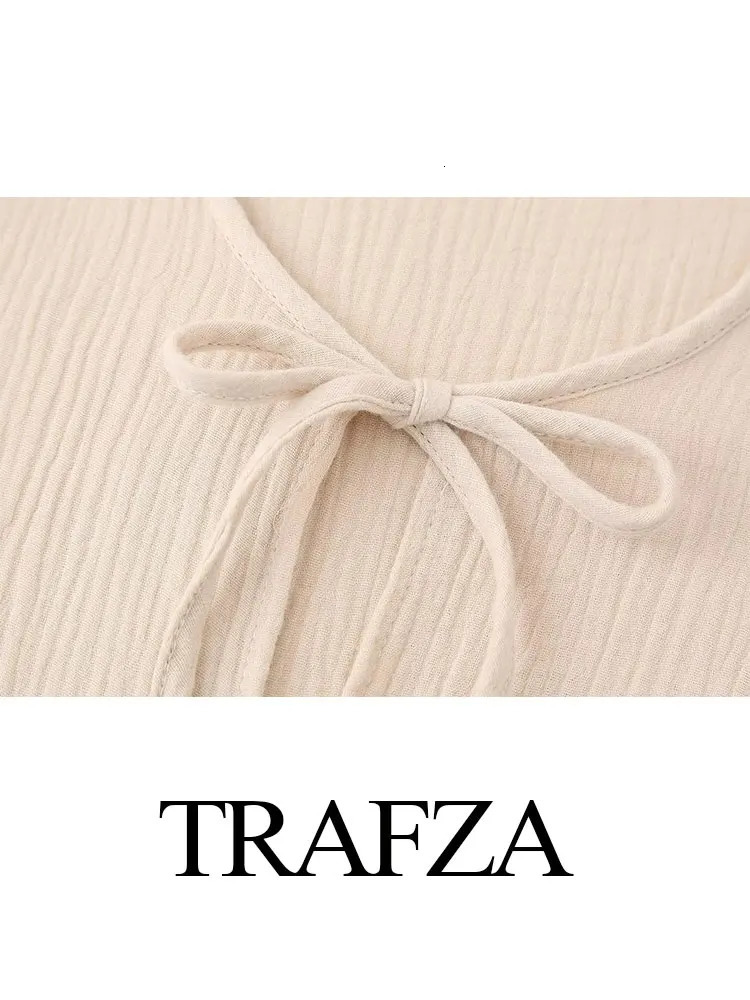 TRAFZA Shirts Pant Sets For Women Elegant Solid Long Sleeve ONeck Lace Up Blouse Loose Trousers Suit Spring Casual Outfit 240423