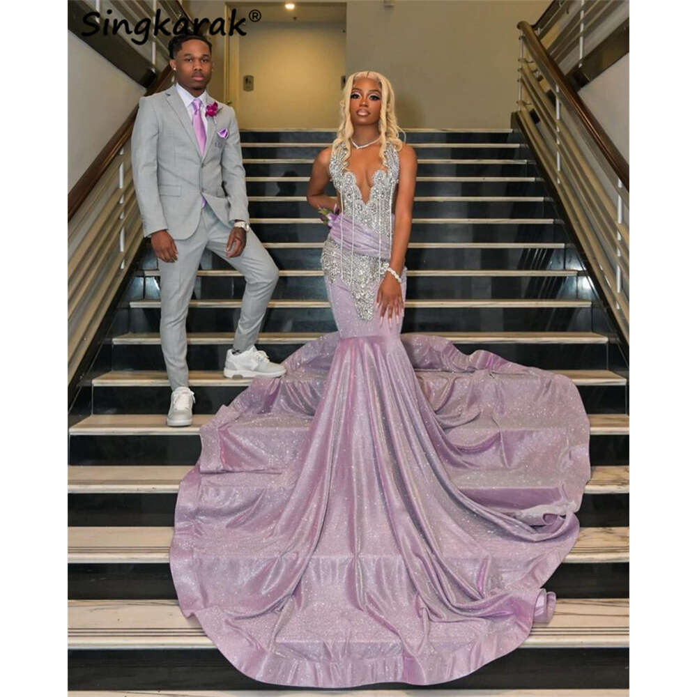 Sexy Light Purple Mermaid Prom Dress For Black Girl Glitter Crystals Beaded Rhies Robes De Soire Evening Party Gowns Lz0304