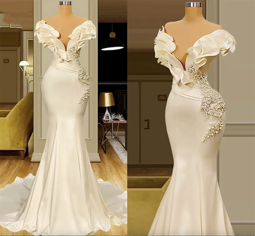 Dubai Saudi Arabia Pearls Mermaid Wedding Dresses Sexy Off The Shoulder Elegant Ivory Satin Ruffles Bridal Gowns Vintage Boho Country Bride Reception 