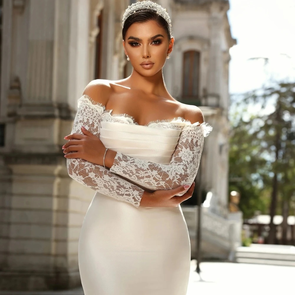 Simple Mermaid Wedding Dresses Off Shoulder Lace Bridal Gowns With Detachable Train Long Sleeve Custom Made Bride Dress Vestidos De Novia 0218