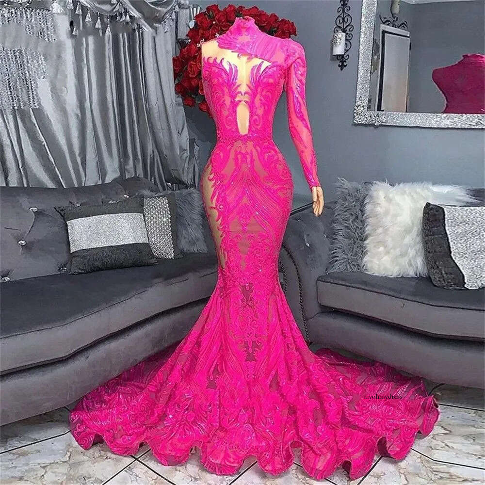 2024 Sexy Prom Dresses Fuchsia Sequined Lace High Neck Mermaid One Shoulder Long Sleeves Sheer Illusion Sequins African Plus Size Floor Length Evening