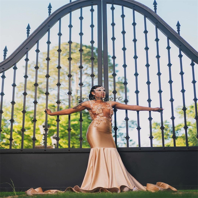 Gold Mermaid Prom Dresses 2024 Sheer Neck Beaded Crystal South African Evening Dress See Through Satin Aso Ebi Plus Size Formal Birthday Dress Vestios