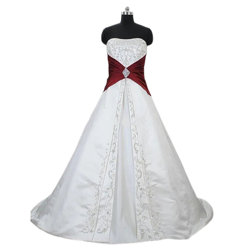 White And Burgundy A Line Embroidery Wedding Dresses Strapless Satin Long Gothic Wedding Gowns Lace-Up Corset Plus Size Vestido De Novia 2024