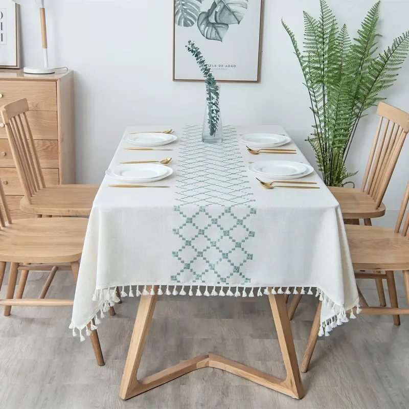 Processing Embroidery Tassel Tablecloth Coffee Cotton Linen Rectangular Table Mat Wholesale S5KW01