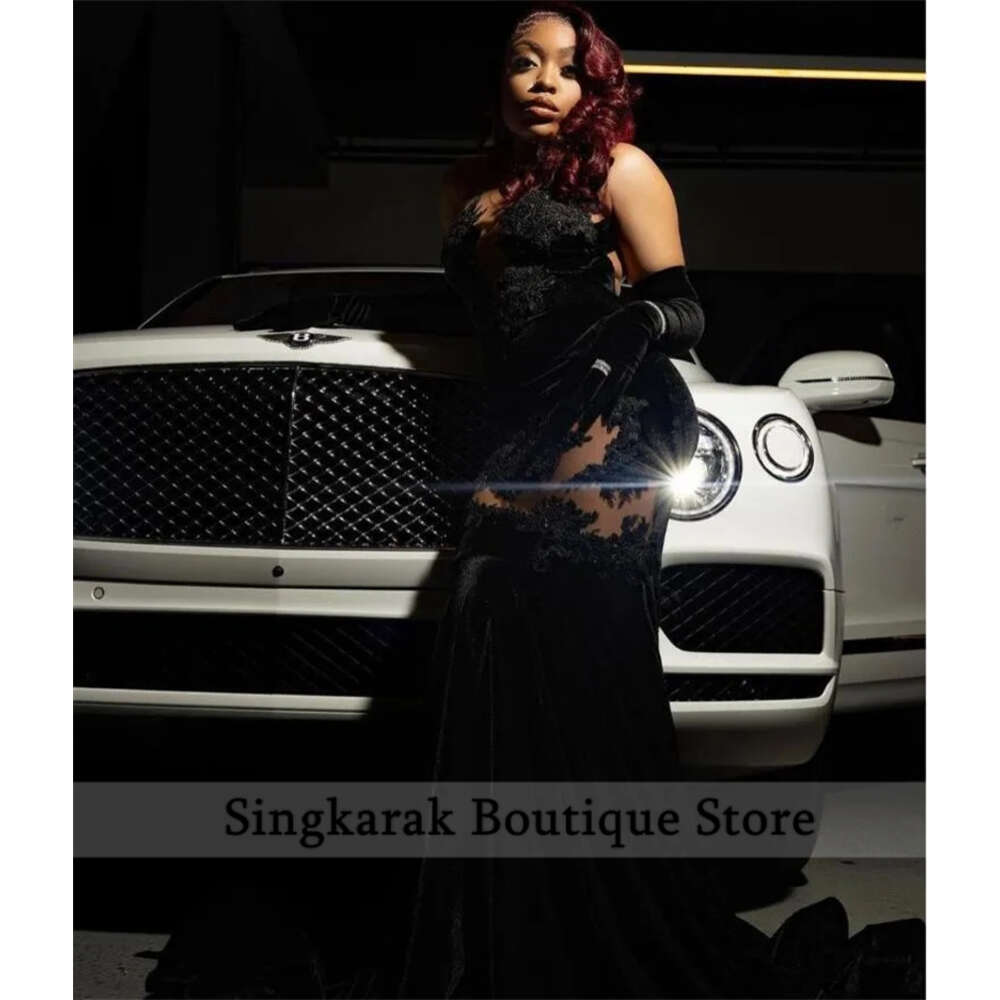 Veet Prom Dresses Sheer Mesh Twgo Gloves Lace Appliques Beads For Black Girls Evening Gowns Gala Party Vestidos 0914